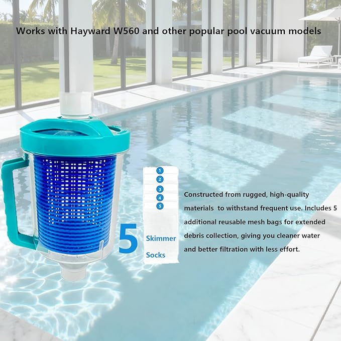 All-in-One Inline Pool Leaf Canister Compatible with Hayward W560 PoolVac Navigator Leaf Catcher Filter with Strainer Basket and 5-Pack Skimmer Socks