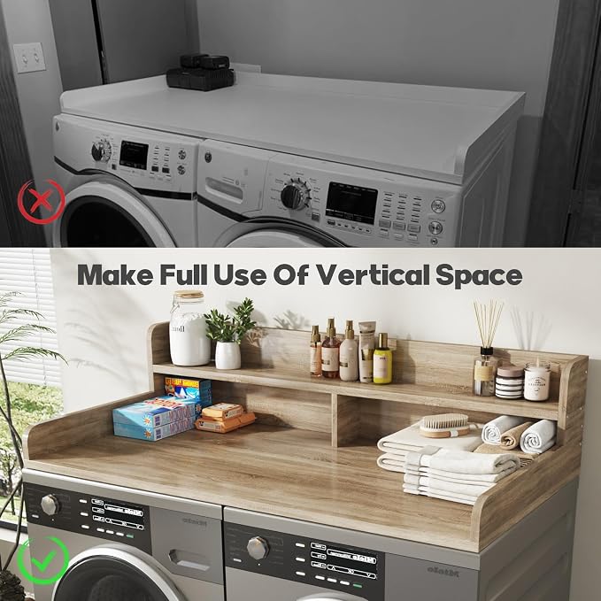 2-Tier Washer and Dryer Countertop with 2.75" H Guard,54" W x 27.5" D Laundry Countertop Cover with Non-Slip Pad,Large Space Laundry Topper for Folding Clothes Over Washer and Dryer-White Oak