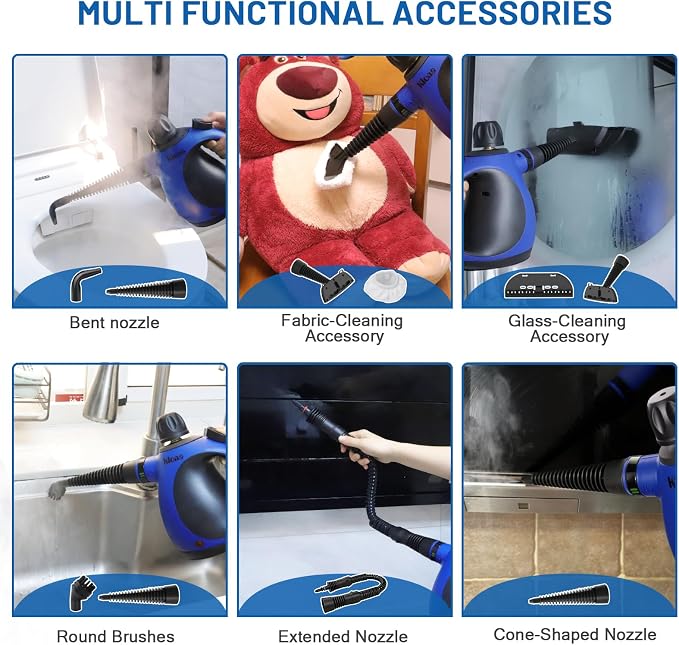 KLONA Steam Cleaner, Multi-Purpose Handheld Steam Cleaner with 10 Accessories, Steam Cleaning Handheld for Removing for All Dirt, Upholstery Furniture, Sofa, Tiles, Floor, Window, Bathroom.