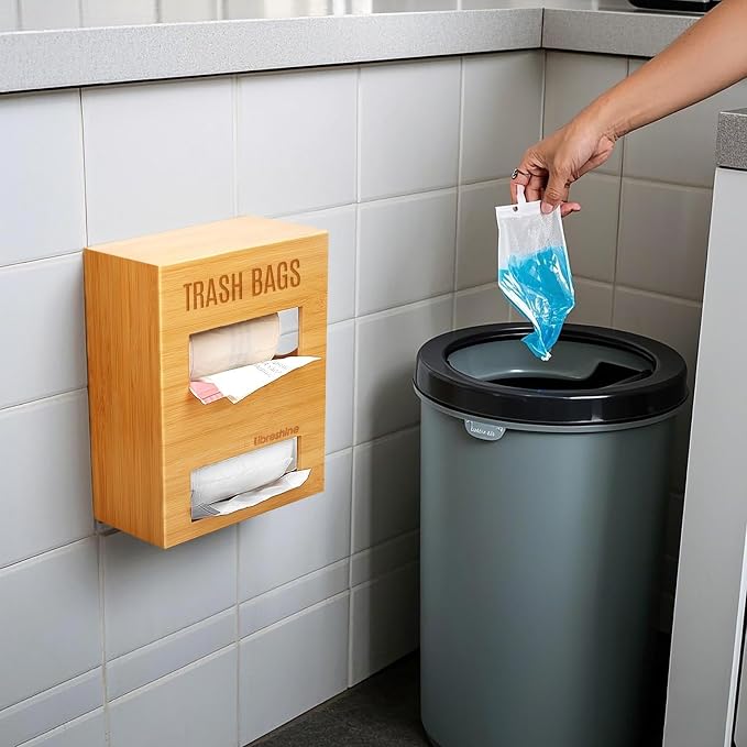 Libreshine Dual Roll Bamboo Trash Bag Dispenser & Grocery Bag Holder, 2-Compartment Organizer for 13–33 Gallon Rolls (Fits Up to 5.2”Dia), Wall Mount or Under Sink, Stackable Storage