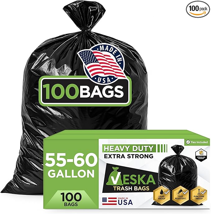 Veska 55-60 Gallon Trash Bags Heavy Duty (MegaValue 100 Bags w/Ties) 50-60 Gallon Large Black Garbage Bags Heavy Duty | Large Black Trash Bags for Commercial, Lawn and Leaf Bag