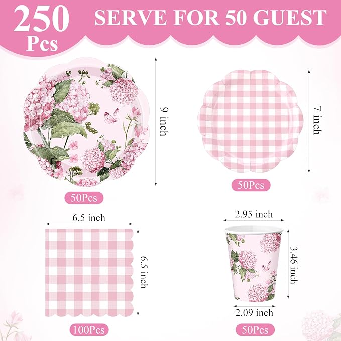 Pickmesh 250 Pcs Pink Hydrangea Party Supplies Pink Floral Gingham Checkered Paper Plates Napkins and Cups Hydrangea Disposable Tableware Set for Summer Wedding Birthday Tea Party Decorations Serve 50