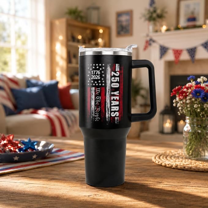 Ceovfoi 40 oz 250 Years 4th of July Tumbler with Handle Lid and Straw, Stainless Steel Insulated Coffee Mug Cup, 250th Independence Day Gifts for Men, 4th of July Decor Accessories