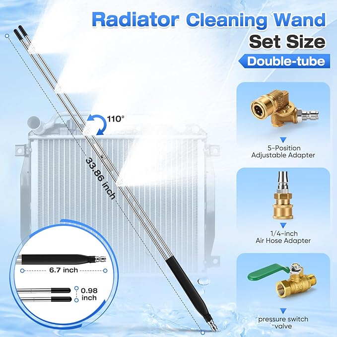 8 Nozzle Tips Double-Tube Radiator Cleaning Wand Tool Set, 34" Radiator Blower Wand, Radiator Cleaner Wand Air and Water With Complete Set of Adapters for Trucks, Trailers, Heavy Machinery and Car