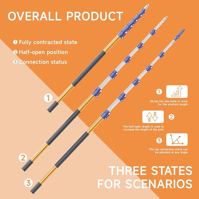 Telescopic Pole, 6-21 FT Multi-Purpose Extension Pole, Sturdy Aluminum Extendable Pole for Painting, Dusting and Cleaning