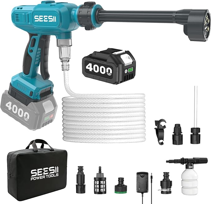 SEESII Cordless Pressure Washer, Portable Power Washer with 4000mAh Battery, Electric Washer Gun with 6-in-1 Nozzle & 27FT Hose, Handheld Power Cleaner for Car, Driveway, Garden, Patio and Fence