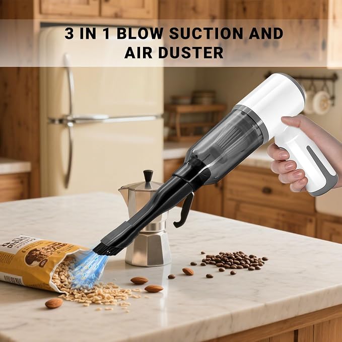 3-in-1 Handheld Vacuum 6500Pa | Vacuum+Blow+Inflate | 4 Nozzles | for Car/Keyboard/Pet Hair/Crevice | Type-C Fast Charge White
