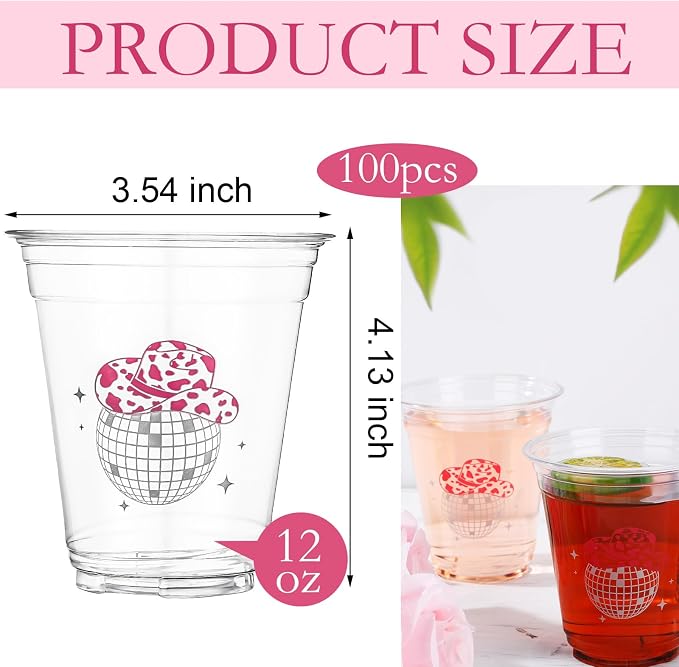Sliner 100 Pcs Pink Disco Cowgirl Plastic Cups Bachelorette Party Decorations 12 oz Disposable Clear Disco Ball Cups for Bachelorette Birthday Wedding 70s 80s 90s Party