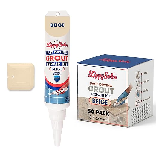 ZippySolve Tile Grout, Repair Kit, Restore & Renew Tile Joints Line, Fast Drying Tile Grout Paint Squeeze Tube for Bathroom Shower Kitchen Floor, Waterproof (50 Pack 8.8 oz Each, Beige)