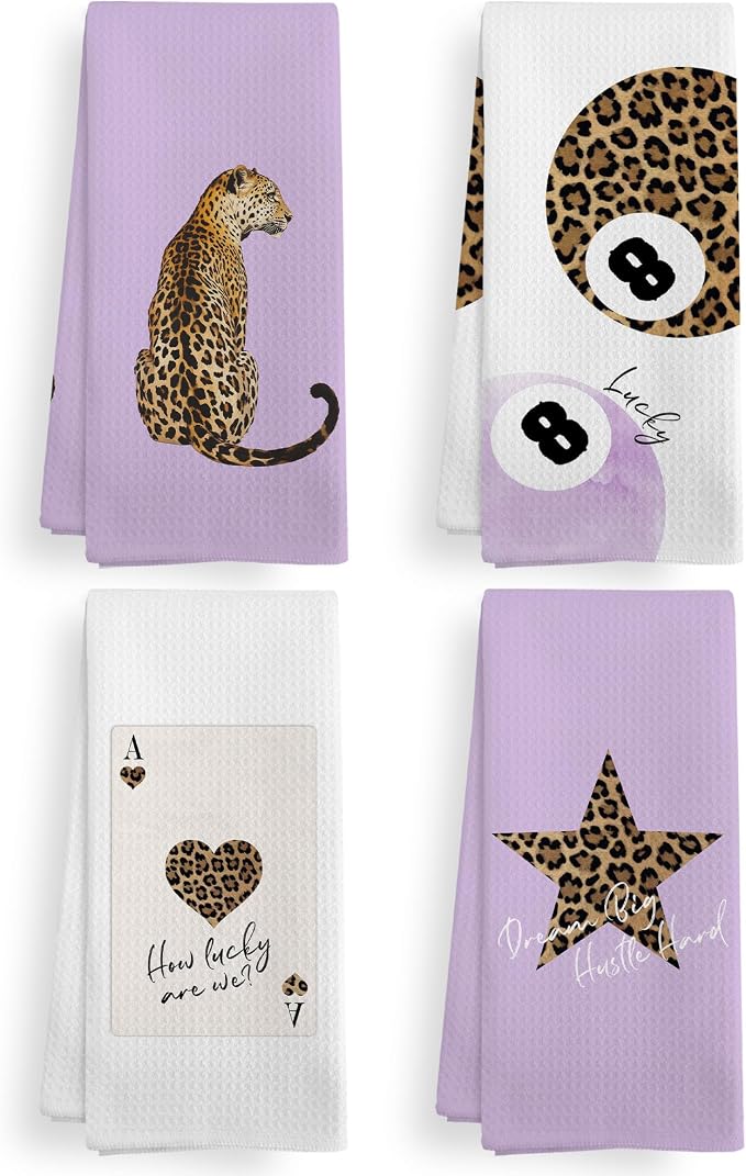 Trendy Leopard Cheetah Print Poker Lucky 8 Ball Bathroom Decor, Preppy Purple Leopard Dorm Decor Dish Hand Towels for Bathroom Kitchen Sets of 2, Cheetah Kitchen Towels and Dishcloths,16x24in