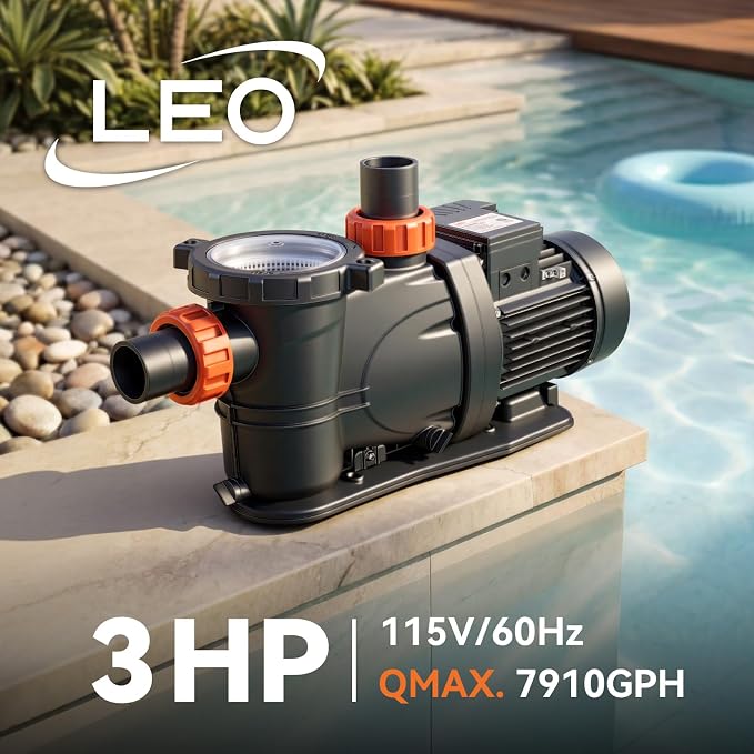 LEO 3HP In/Above Ground Pool Pump High Flow Powerful Self Priming Pool Pump, Single Speed 115V 7910GPH, Orange