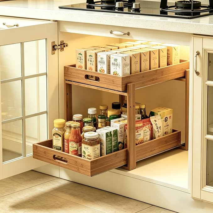 Under Sink Organizer and Storage - 2-Tier Bamboo Kitchen Cabinet Shelf with Adjustable Levels, Undersink Organization Slide Out for Bathroom Cabinet Pantry Brown