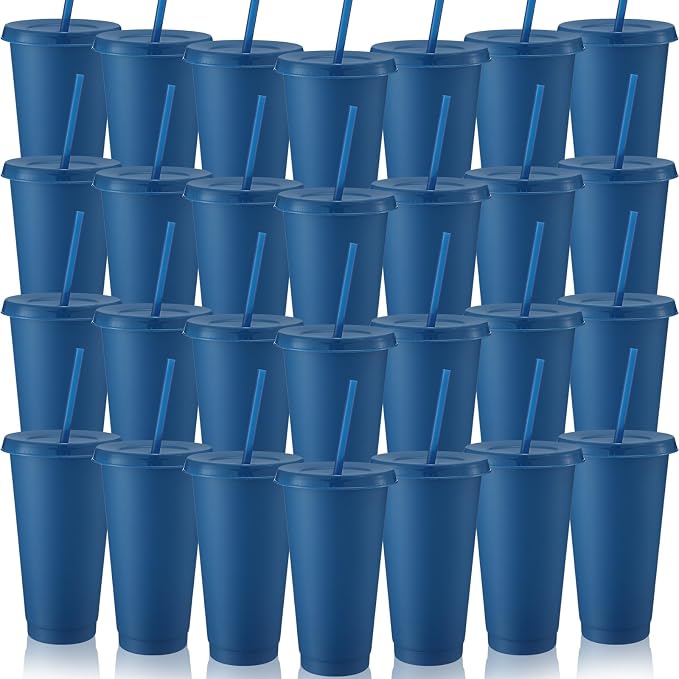 Honeydak 30 Pack Tumbler with Straw and Lid Bulk Cups for Gifts Water Bottle Iced Coffee Travel Mug Cup Reusable Plastic Tumblers for Party Birthdays 24-27 oz (Dark Blue)