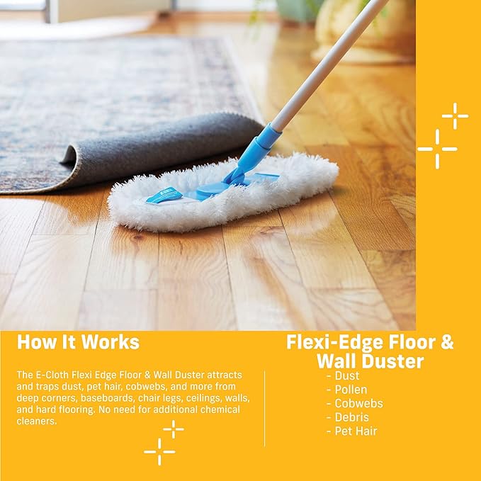 E-Cloth Flexi-Edge Floor & Wall Duster Head - Reusable Microfiber Dust Mop Replacement for Floor Cleaning, Traps Dust, Pet Hair & Debris, Washable, Hardwood, Tile, Wood, & Laminate - 1 Pack