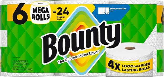 Bounty Select-A-Size Paper Towels, White, 6 Mega Rolls = 24 Regular Rolls