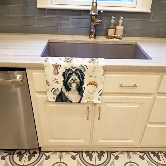 Caroline's Treasures Black Bearded Collie Coffee Bar Kitchen Towel Velour Plush Front and Cotton Loop Back Machine Washable
