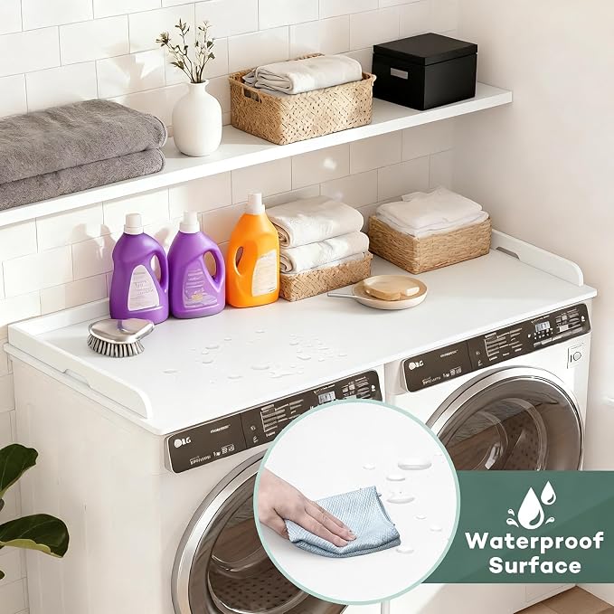 Washer Dryer Countertop, 54 x 27.5 Inch Washer Dryer Topper, Laundry Topper for Washer and Dryer, No Installation MDF Top with Raised Edge, White