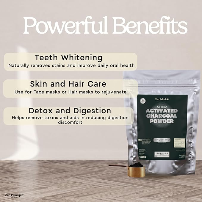 Zen Principle Coconut Activated Charcoal Powder. Whitens Teeth, Rejuvenates Skin and Hair, Supports Better Digestion. USA-Owned Producers, 2.5 lb