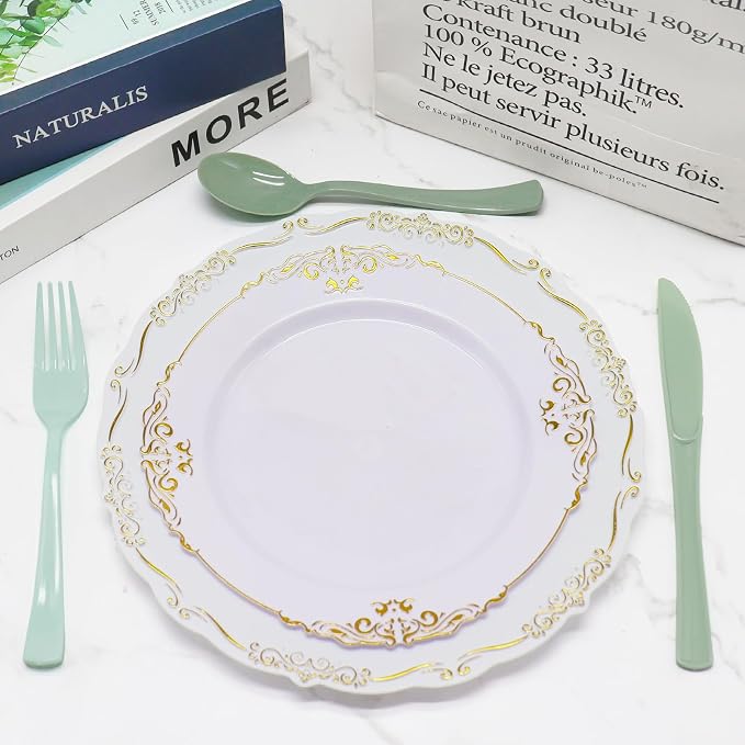 180 PCS Gradient Sage Green Plastic Silverware Heavy Duty Sage Green Cutlery Disposable Set Include 60 Forks, 60 Knives, 60 Spoons for Birthday, Baby Shower, Wedding