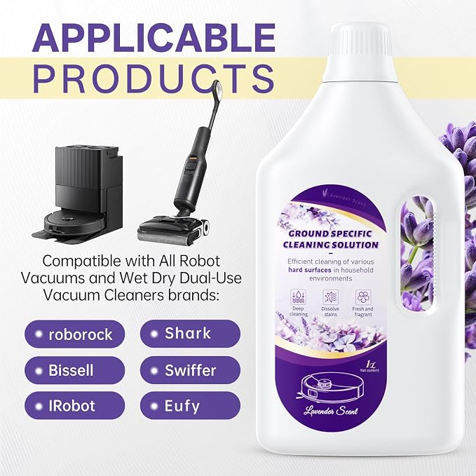1 L Floor Cleaning Solution Lavender Scent, Compatible with Roborock/Shark/Bissell/Swiffer/IRobot/Eufy Quick Drying Without Residue Suitable for All Robot Vacuums and Wet Dry Dual-Use Vacuum Cleaners