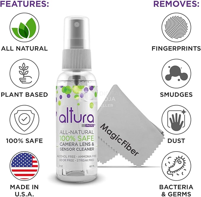 Altura Photo Camera Cleaning Kit - Full Frame Lens & Sensor Cleaner with All-Natural Solution, 24mm Factory-Sealed Swabs, Pen, Blower, Brush, Cloths & Hard Case for Canon Nikon Sony DSLR Mirrorless