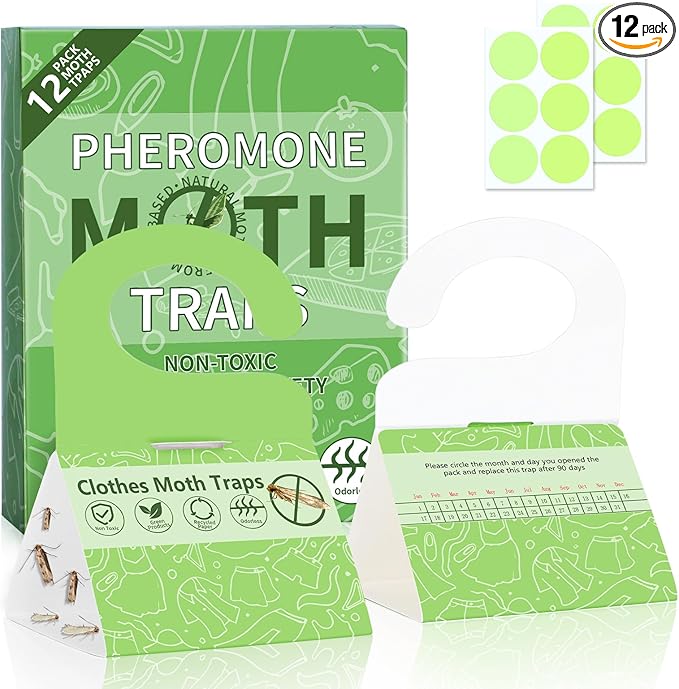 Moth Traps for Clothes, 12 Pack - Clothing Moth Traps with Pheromones Attractant, Moth Sticky Trap for Closets & Carpet & Wardrobes, Indoor Clothes Moth Killer