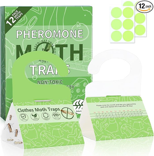 Moth Traps for Clothes, 12 Pack - Clothing Moth Traps with Pheromones Attractant, Moth Sticky Trap for Closets & Carpet & Wardrobes, Indoor Clothes Moth Killer