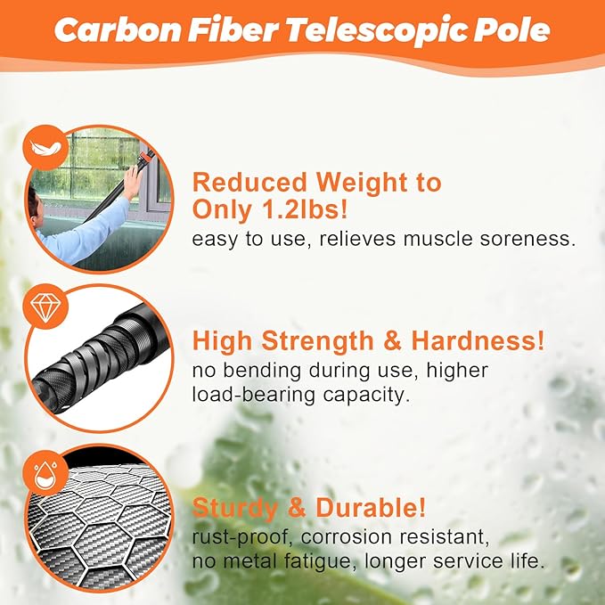 Window Squeegee with Carbon Fiber Extension Pole for Home, 3.5 to 12Ft Window Cleaning Kit Tool Outdoor, Lightweight Professional Window Washing Kit with Rotatable Head & 2 Scrubbers, 2 in 1