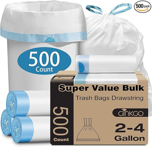 Small Trash Bags 2-4 Gallon, 500 Count Super Value Bulk Drawstring Garbage Bags, Mini Plastic Trash Bags for Bathroom, Office, Bedroom, Wastebasket Trash Can Liners