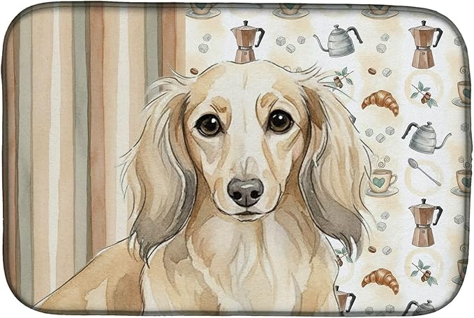 Caroline's Treasures Longhaired Cream Dachshund Coffee Bar Dish Drying Mat Absorbent Dish Drying Mat Pad for Kitchen Counter Dish Drainer Mat for Countertop, 14 x 21", Multicolor