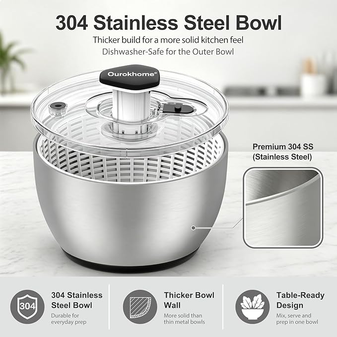 Ourokhome 6.3 QT Stainless Steel Salad Spinner, Large Lettuce Spinner with One-Hand Press Pump, Brake Button, Non-Slip Base and Retractable Handle, Vegetable Washer & Dryer for Greens, Fruits and Herb