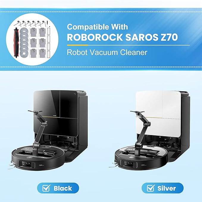 25 Pack Replacement Parts Compatible with Roborock Saros Z70 Robot Vacuum, Accessories Kit with 1 Main Brush,6 Dust Bags,6 Mop Pads,4 Hepa Filters,4 Side Brush
