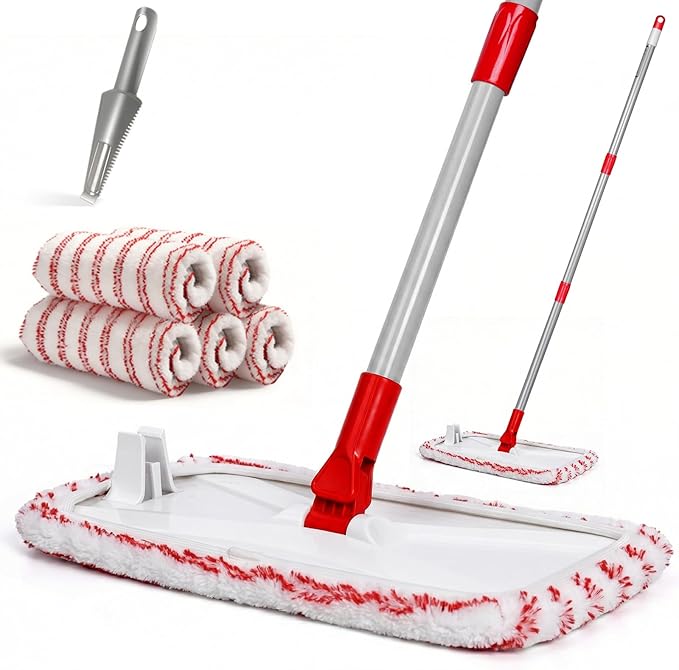 OZD Flat Mops for Floor Cleaning , with 5 Reusable 16x9in Dual-Fiber Mop Heads, Remove Stubborn Stains, Wet and Dry Use, Suitable for Hardwood, Tile, Laminate Flooring etc, Red