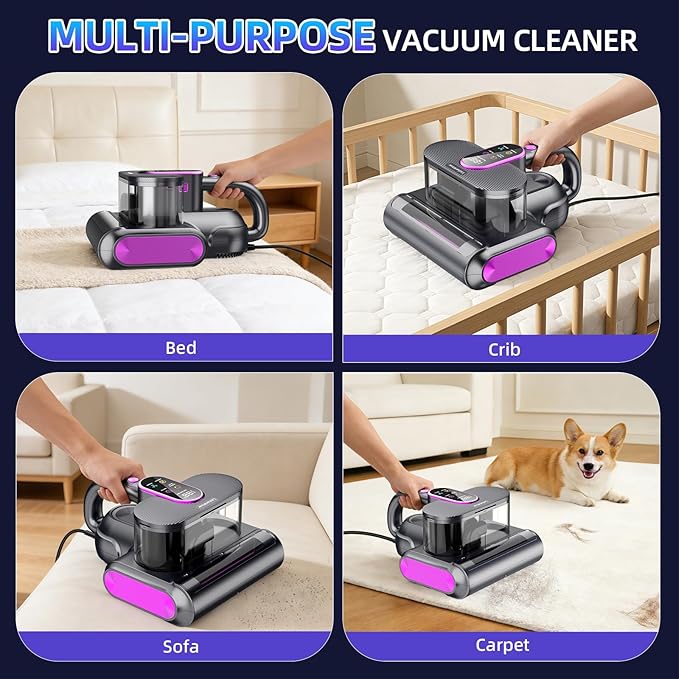 Mattress Vacuum, 15kPa Bed Mattress Cleaner with Super Suction and 275nm Uv-C Light,500W Handheld Mattress Vacuums for Bed Sofa Furniture Crib, Replacement Filter Included(Corded，38000RPM)