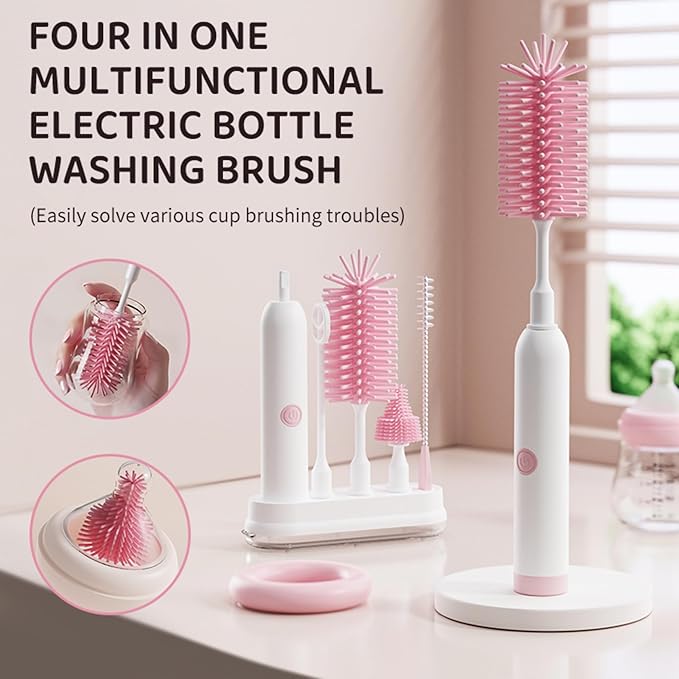 Rechargeable Electric Bottle Brush with Stand - 360° Spin Silicone Cleaner for Baby Bottles, Breast Pumps & Small Household Containers (Pink)