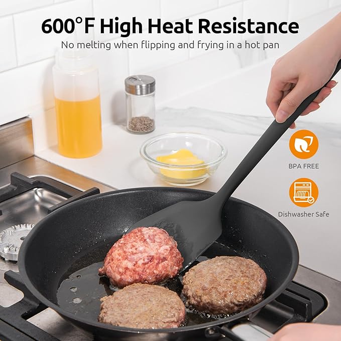 U-Taste 600ºF Heat Resistant Food Grade Silicone Spatula Set of 4, and 600ºF Heat Resistant Silicone Turners, 13.6in Long Solid & Slotted Kitchen Spatula (Black)