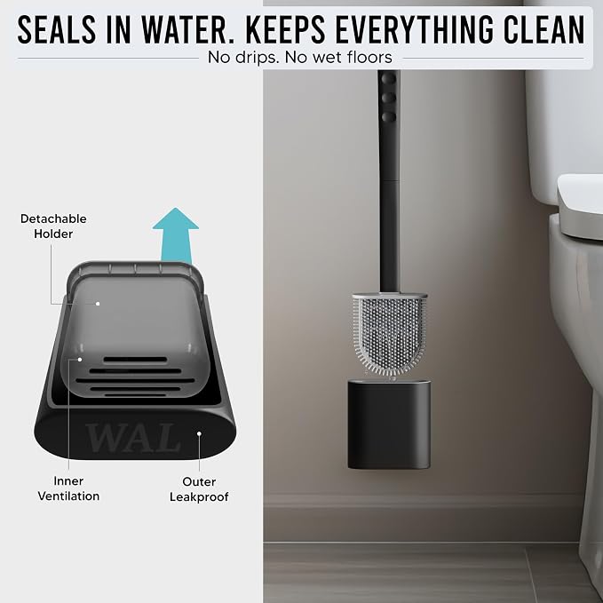 Modern Minimalist Silicone Black Toilet Brush with Holder - Pack of 2 Toilet Bowl Brush Set - Self-Cleaning & Splash-Free, Easy-Rinse Design with Wall Mounted Holder Bathroom Accessory.
