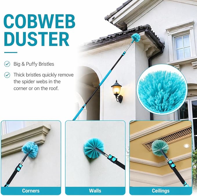 High Ceiling Duster Kit with 4.5-18T Heavy Duty Extension Pole, Reaches Up to 25FT, Includes Microfiber Feather Duster, Cobweb and Ceiling Fan Duster, Window Squeegee Cleaner & Skylight Hook (18FT)