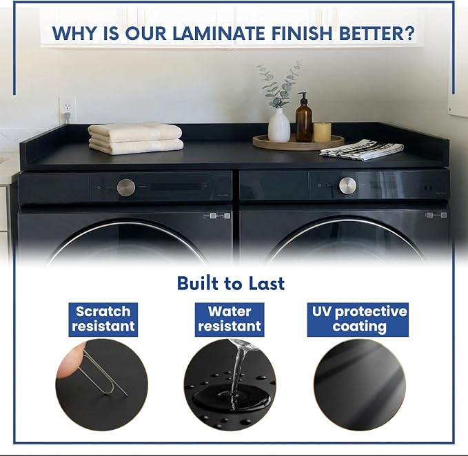 OfficeSimpli Washer Dryer Countertop, Made in USA, Non-Slip Pads, Laundry Room Wood Topper, Washer Dryer Cover for Top, Laundry Countertop, Laminate Finish (Black, Large (27.5" x 58"))