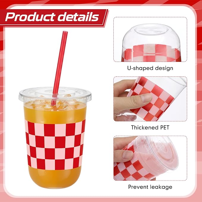 LemonRoad 50sets 16oz Red Checkered Cups Race Car Birthday Party Decorations Supplies Plastic Cups Disposable with Lids and Straws for Racing Party Christmas Birthday Wedding Baby Shower Decoration