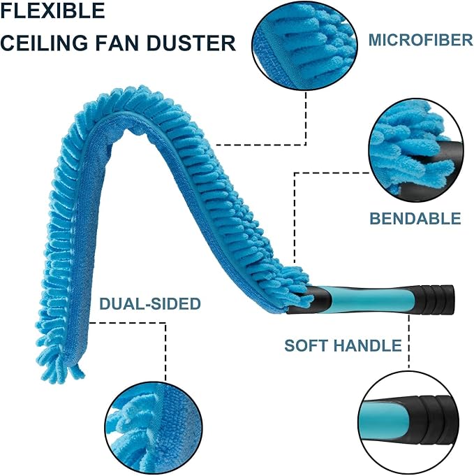 36 Foot High Ceiling Fan Duster with 5-30ft Extension Pole, Extendable Reusable Cobweb, Feather, Window Cleaning Squeegee Kit