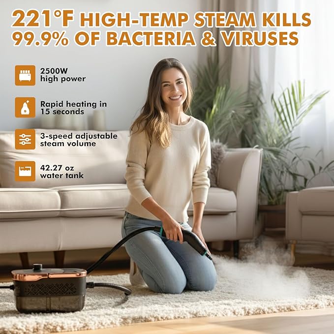 Steam Cleaner,15s Heat-Up 42.27oz Tank,2500W Pressurized Handheld Steam Cleaner for Home,Portable Steamer for Cleaning with 15 pcs Accessories,Grease,Grout,Furniture,Bed Bugs,Floor,Couch and Car