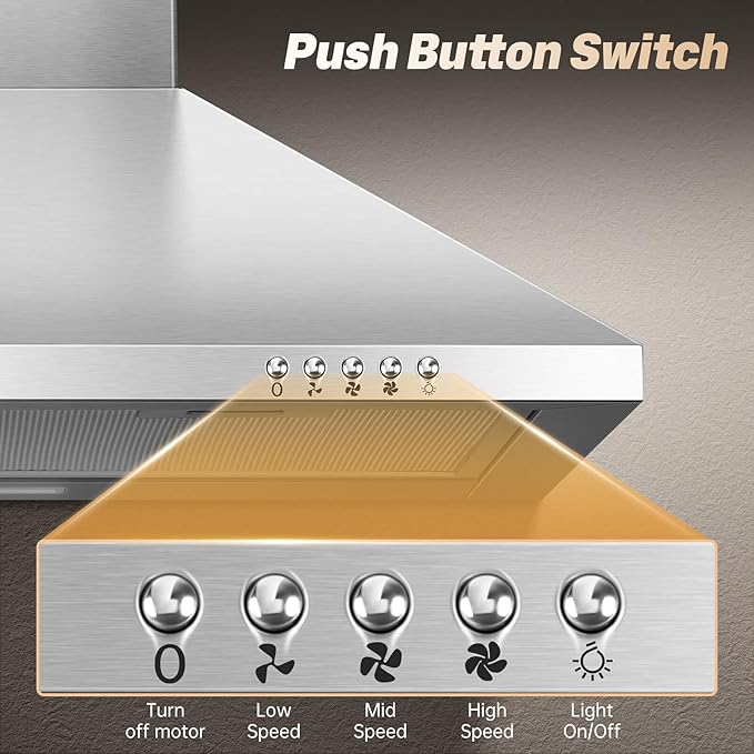 SNDOAS 24 inch Range Hood,Stainless Steel Oven Vent Hood,Wall Mount Kitchen Hood,Ducted/Ductless Chimney-Style Kitchen Exhaust Hood with Push Button Control,Stove Vent Hood with 3-speed Fan