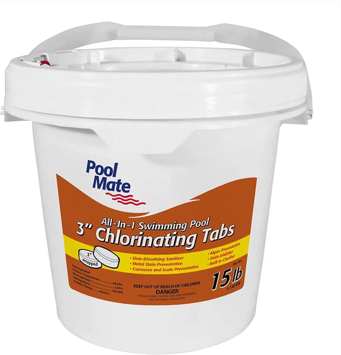 Pool Mate 15-Pounds All-In-1 Swimming Pool 3 Inch Chlorinating Tabs, Chlorine Tablets 3 Inch, Sanitizer, Clarifier, Stain Inhibitor, Algae Control, Descaler, Sunlight Protector All In One, Made In USA
