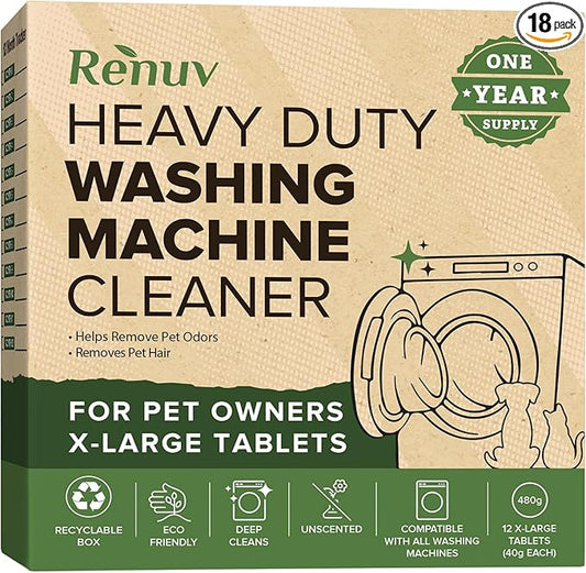 Renuv® Heavy Duty Washing Machine Cleaner For Pet Hair and Stink - Deep Cleaning Tablets For Front Load or Top Load Washer (12 XL Tablets - One Year Supply)