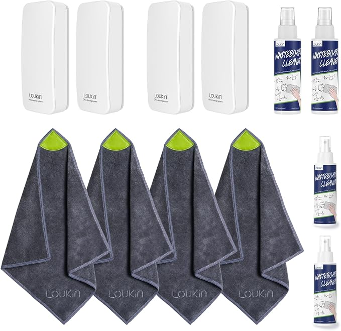 LOUKIN | Magnetic Dry Erase Eraser (White) 4 Pack & Non-Toxic Whiteboard Cleaner (3.4 fl oz) 4 Pack & Magnetic Cleaning Cloth 4 Pack