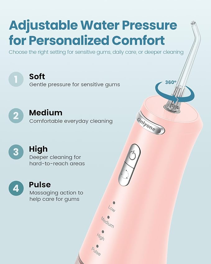 Onlyone Water Dental Flosser Pick for Teeth, 300ML Portable Oral Irrigator, Rechargeable Travel Irrigation Cleaner, Professional Electric Flossing Machine Birthday Gifts for Women,Mom,Girlfriend Pink
