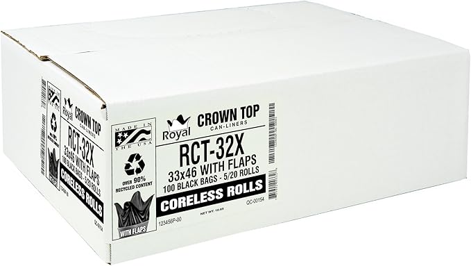 Aluf Plastics Star Sealed Coreless Rolls with E-Z Tie Flap Closure, 40-45 gal, Polyethylene, 33" x 46", Black (Pack of 100)