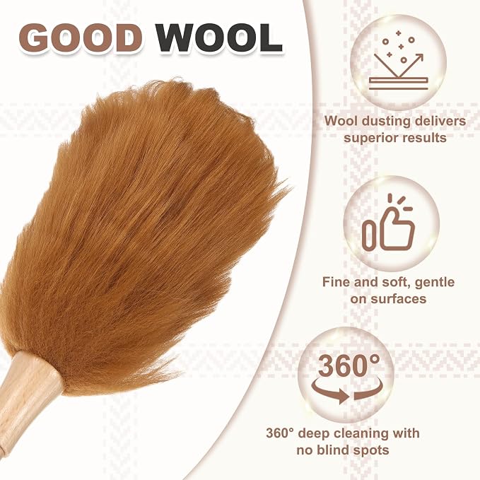 uxcell Wool Duster, 14.2" Natural Feather Cleaner Household Cleaning Duster with Solid Wooden Handle for Cleaning Fans Window Blinds Shelves Furniture, Light Brown
