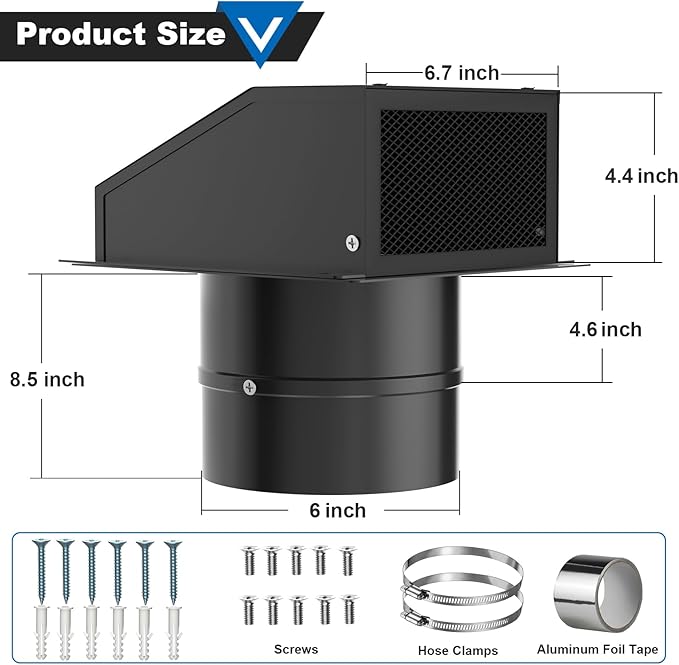 6 Inch Wall Vent with Screen and Damper, Galvanized Steel Hooded Wall Vent Cover Black Metal Exhaust Duct Cap Kit with Hose Clamp Aluminum Foil Tape Screw for Outdoor Laundry Room Kitchen Range Hood